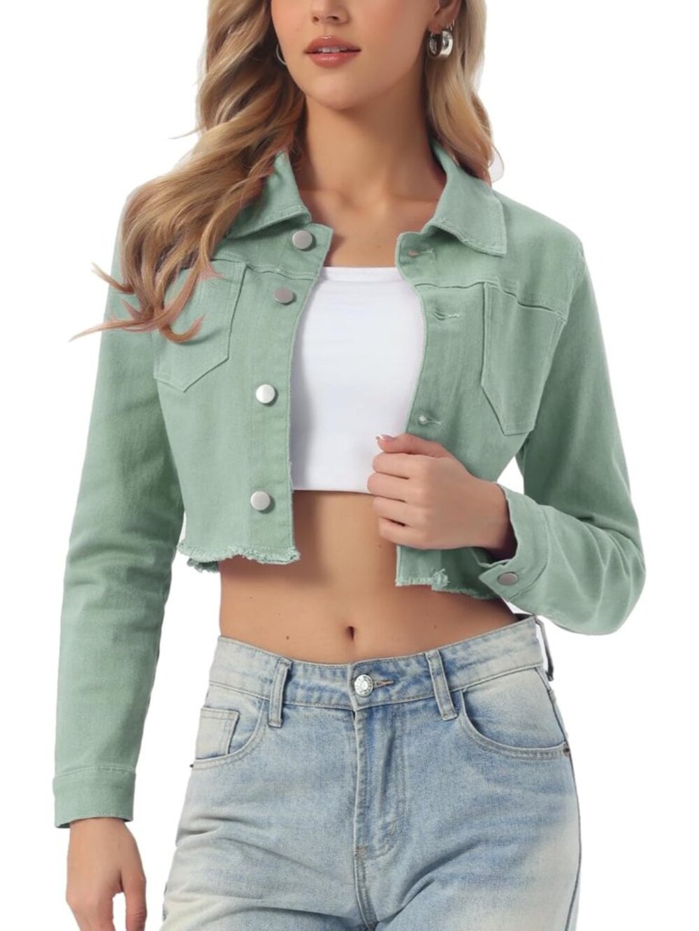 Women's Green Grey Cropped Frayed Hem Turndown Collar Button Up Denim Jacket
